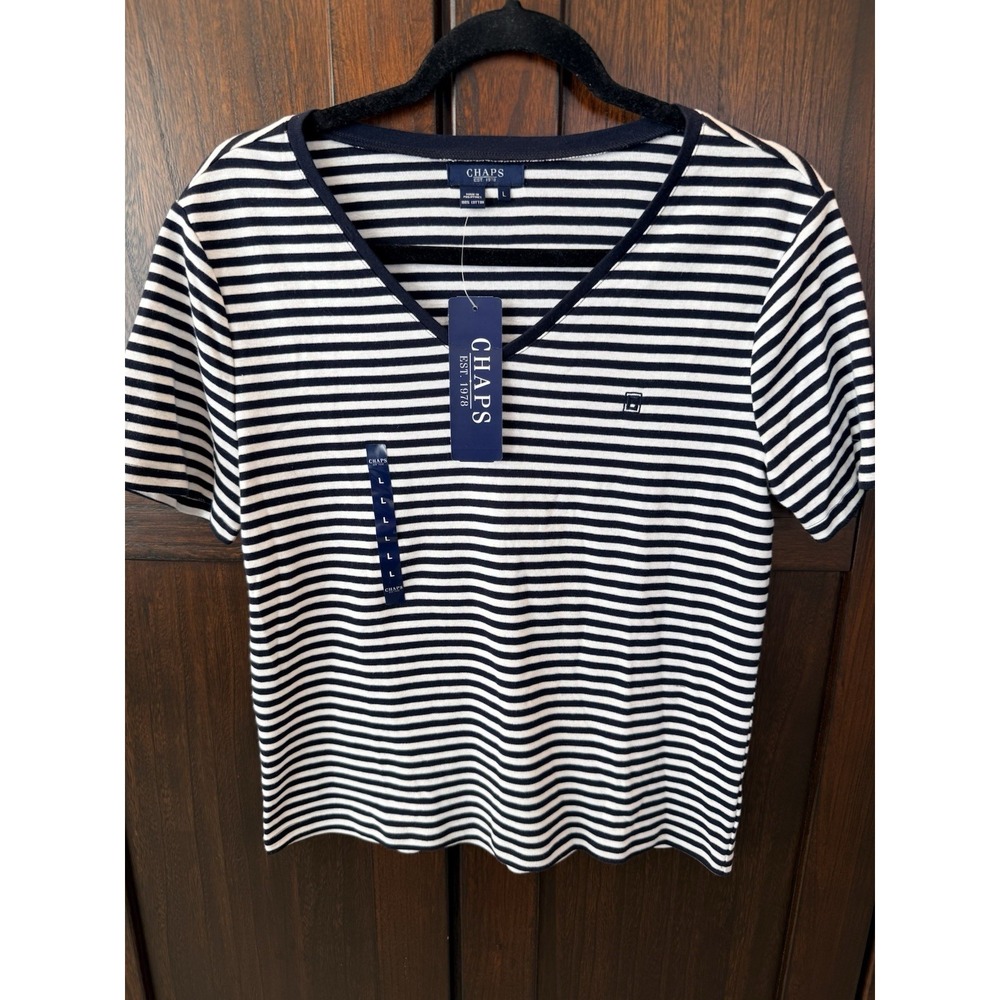 NWT‎ Women's CHAPS size Large Blue/White short sleeve cotton T shirt top